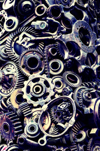 機械零件齒輪、蒸汽朋克齒輪、車輪、汽車零件堆、舊生銹的鐵鏈、彈簧、車輪關閉